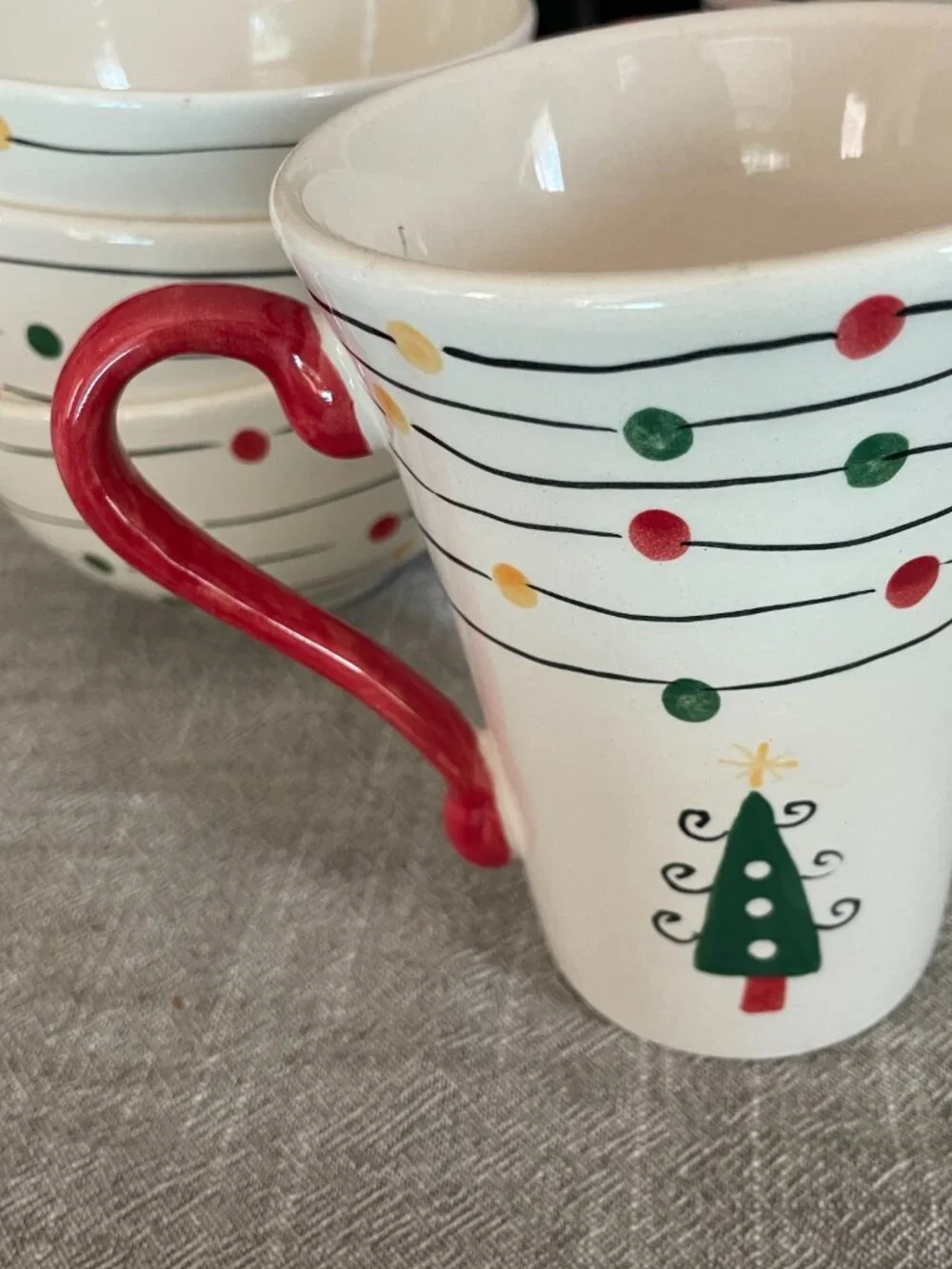 Living Art Holiday Christmas Lights Hand Painted Ceramic Bowls & Mugs Set of 5!